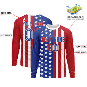 Custom Royal Red Personalized American Flag Design Long Sleeve Performance T-shirt