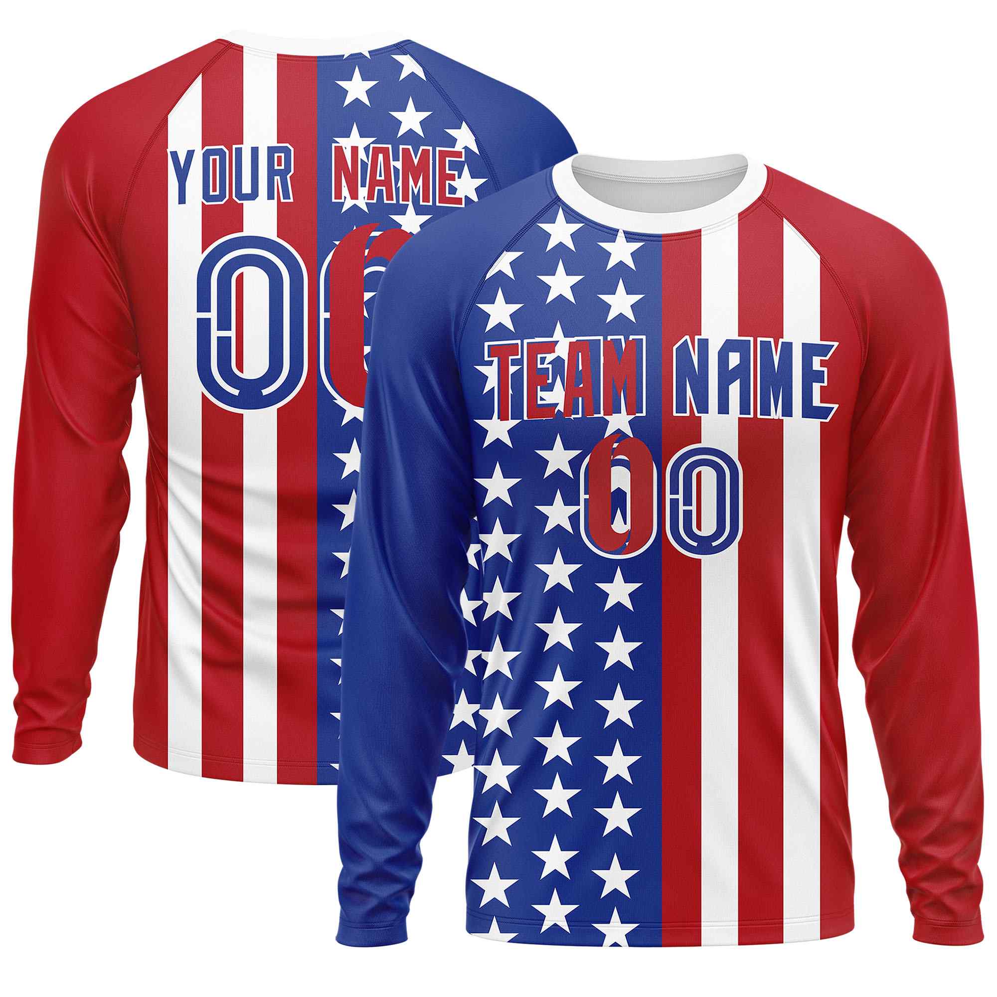 Custom Royal Red Personalized American Flag Design Long Sleeve Performance T-shirt