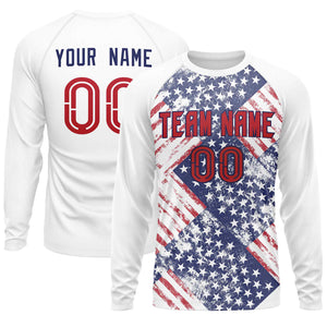 Custom White Royal-Red Personalized American Flag Design Long Sleeve Performance T-shirt