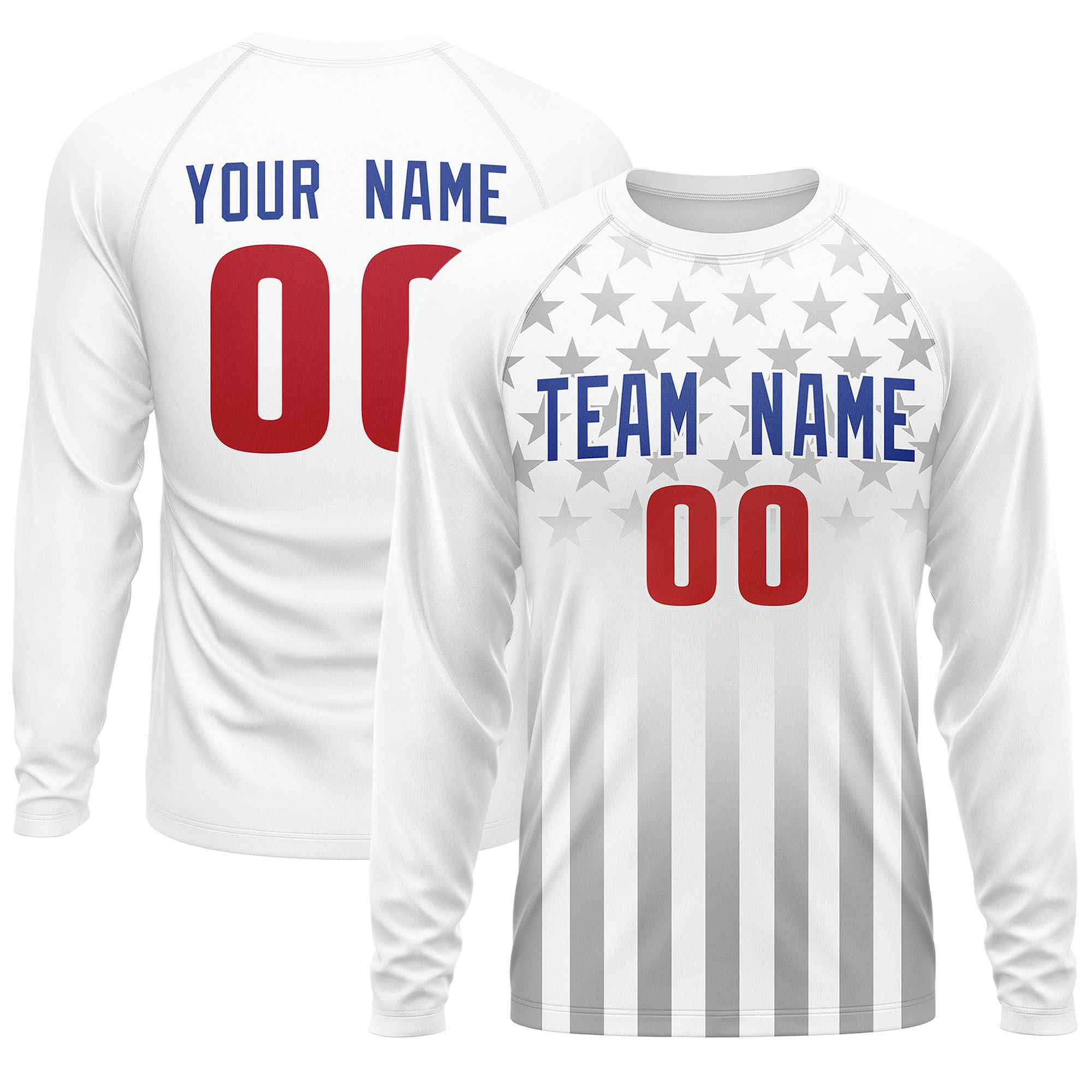 Custom White Royal-Red Personalized American Flag Design Long Sleeve Performance T-shirt