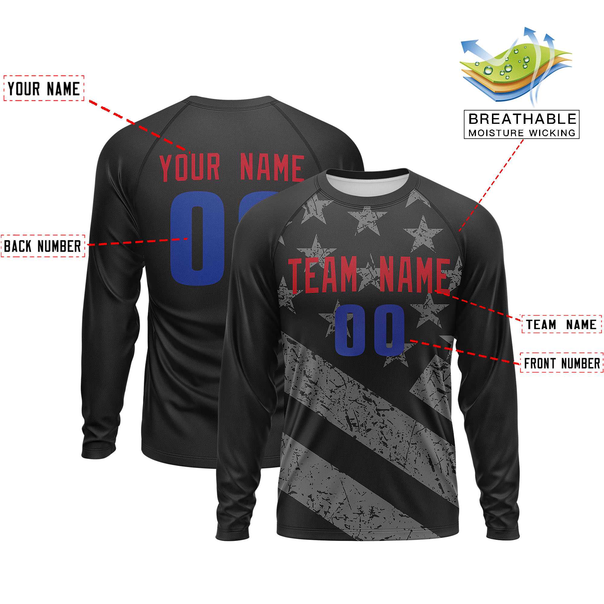 Custom Black Red-Royal Personalized American Flag Design Long Sleeve Performance T-shirt