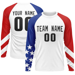 Custom White Royal-Red Personalized American Flag Design Long Sleeve Performance T-shirt