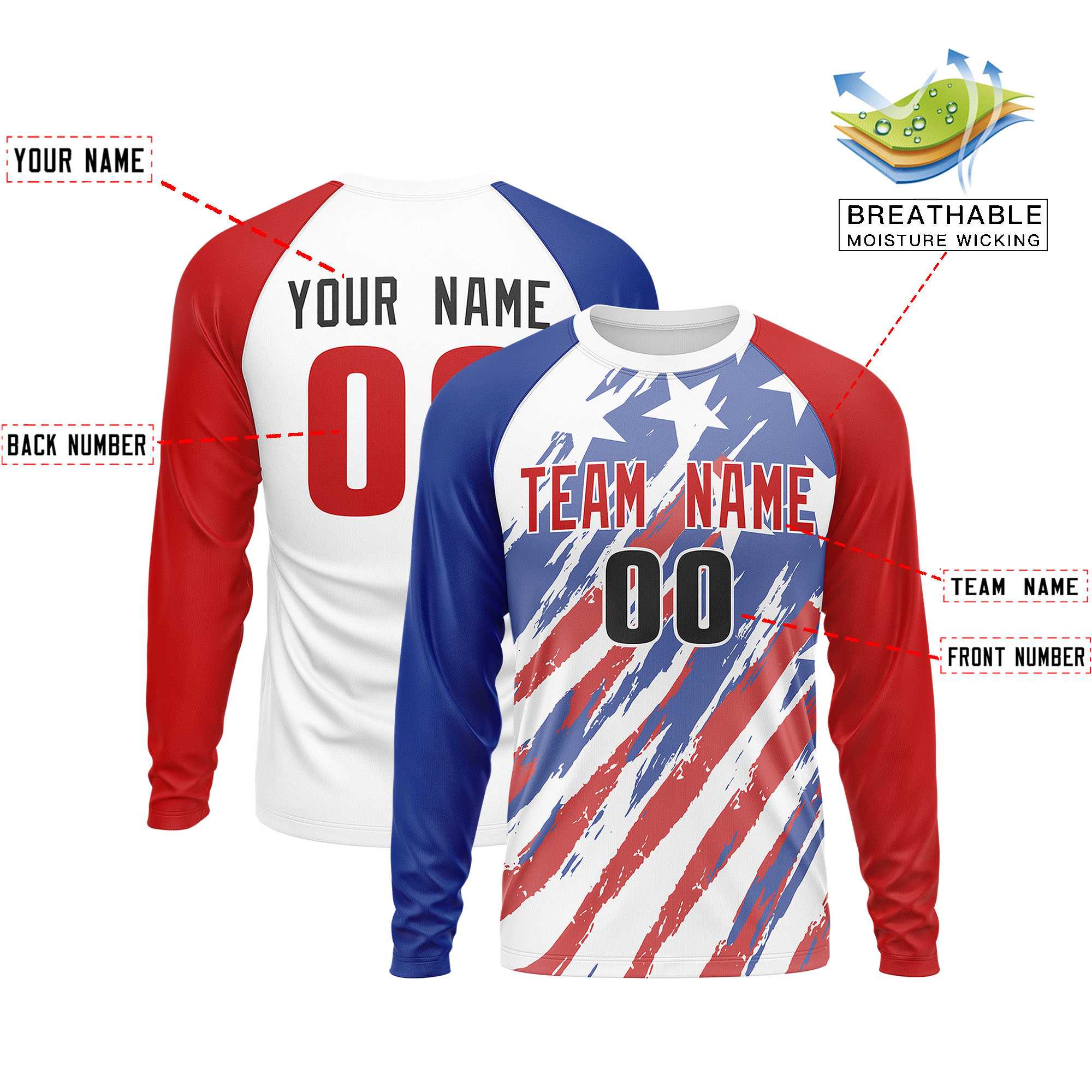 Custom White Royal-Red Personalized American Flag Design Long Sleeve Performance T-shirt