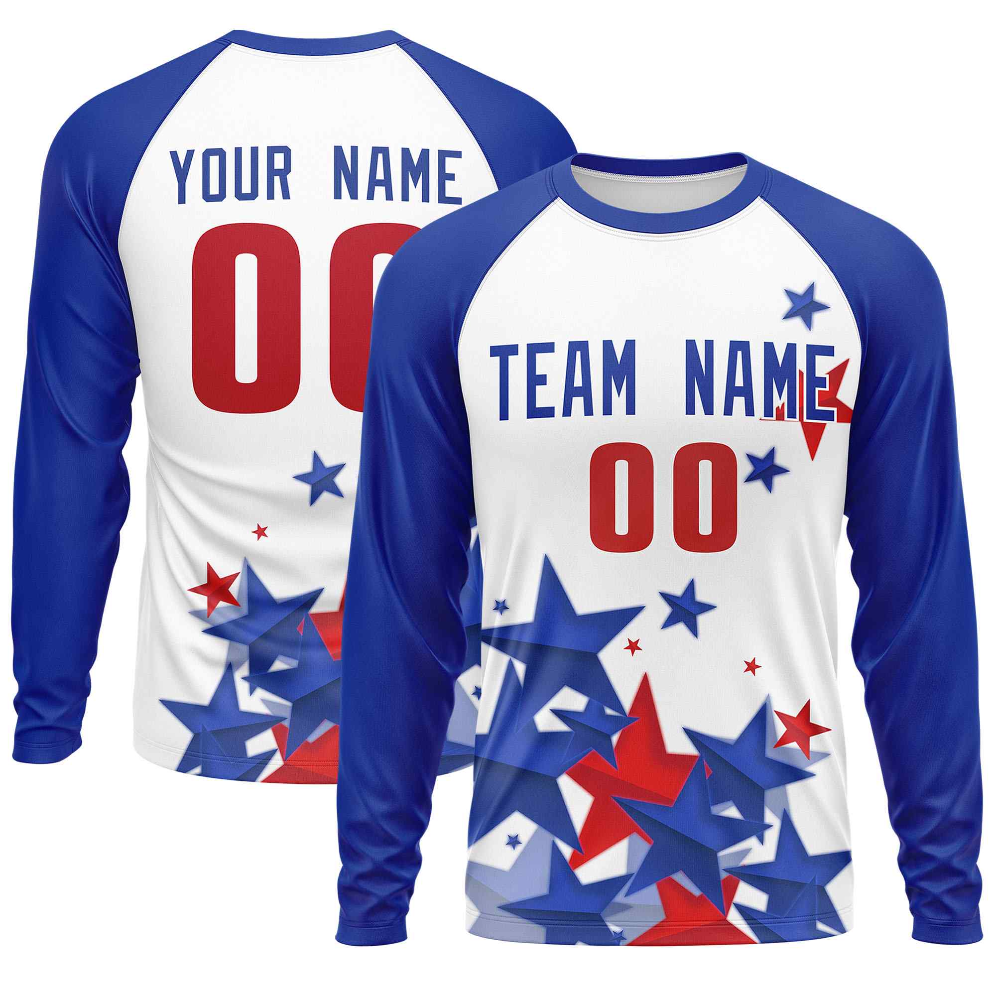 Custom White Royal-Red Personalized American Flag Design Long Sleeve Performance T-shirt