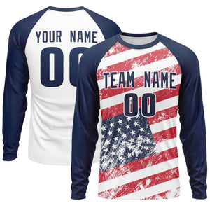 Custom White Navy-Red Personalized American Flag Design Long Sleeve Performance T-shirt