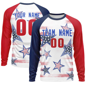 Custom White Navy-Red Personalized American Flag Design Long Sleeve Performance T-shirt