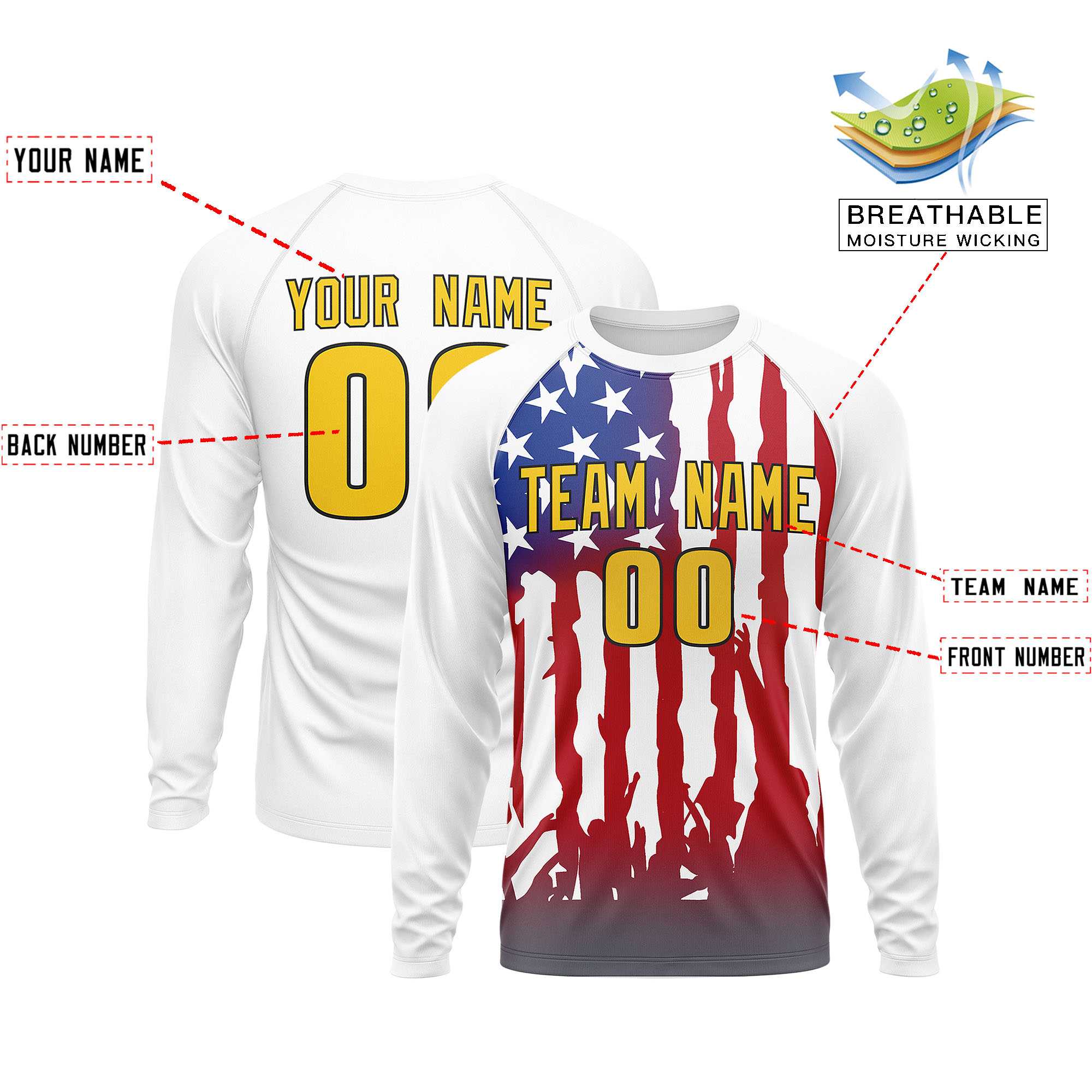 Custom White Red Personalized American Flag Design Long Sleeve Performance T-shirt