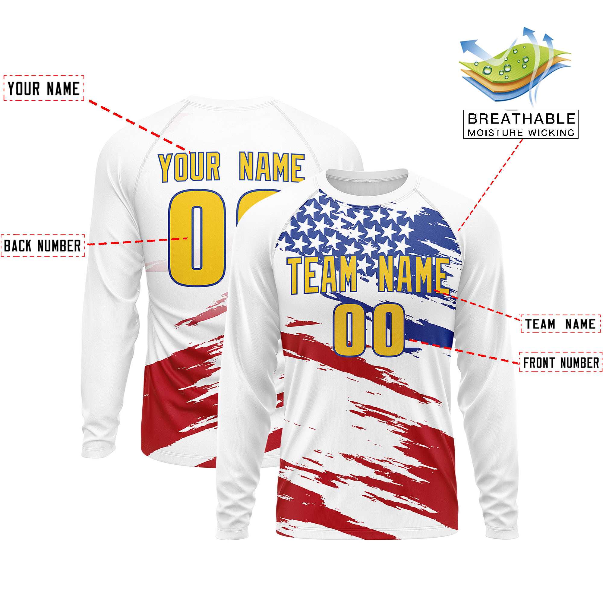 Custom White Red-Royal Personalized American Flag Design Long Sleeve Performance T-shirt