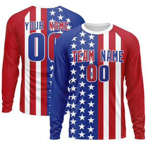 Custom Royal Red Personalized American Flag Design Long Sleeve Performance T-shirt