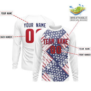 Custom White Royal-Red Personalized American Flag Design Long Sleeve Performance T-shirt