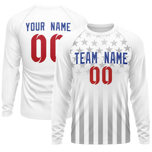 Custom White Royal-Red Personalized American Flag Design Long Sleeve Performance T-shirt