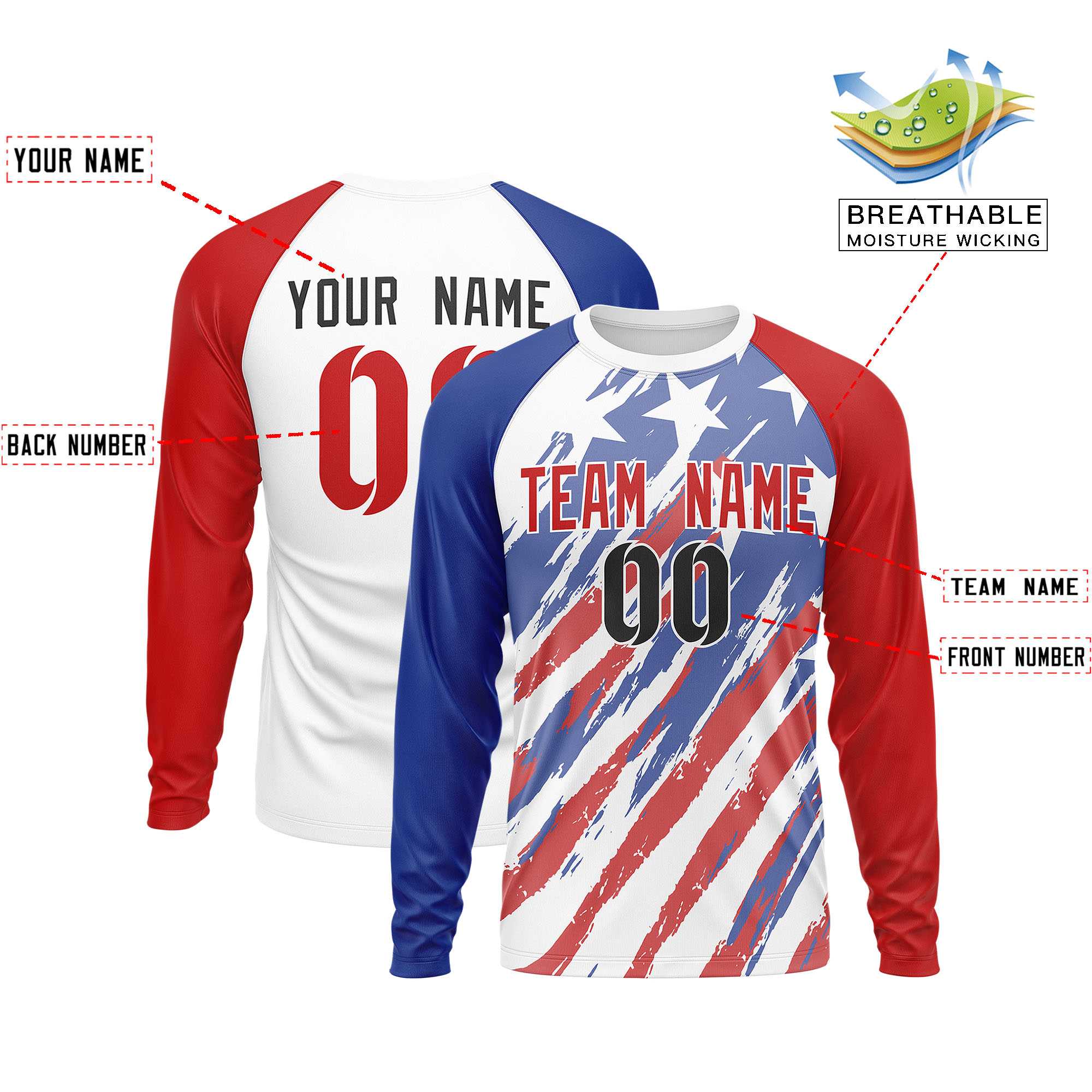 Custom White Royal-Red Personalized American Flag Design Long Sleeve Performance T-shirt