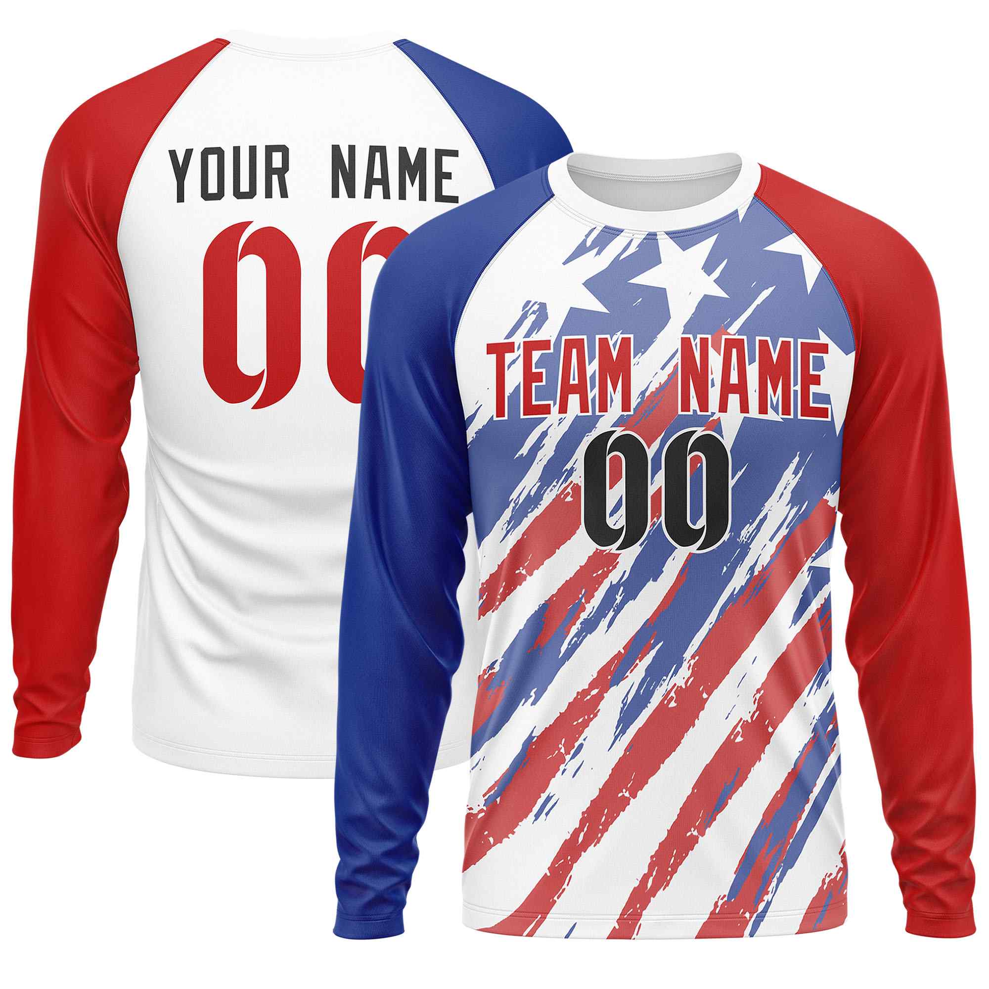 Custom White Royal-Red Personalized American Flag Design Long Sleeve Performance T-shirt