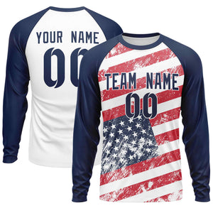 Custom White Navy-Red Personalized American Flag Design Long Sleeve Performance T-shirt