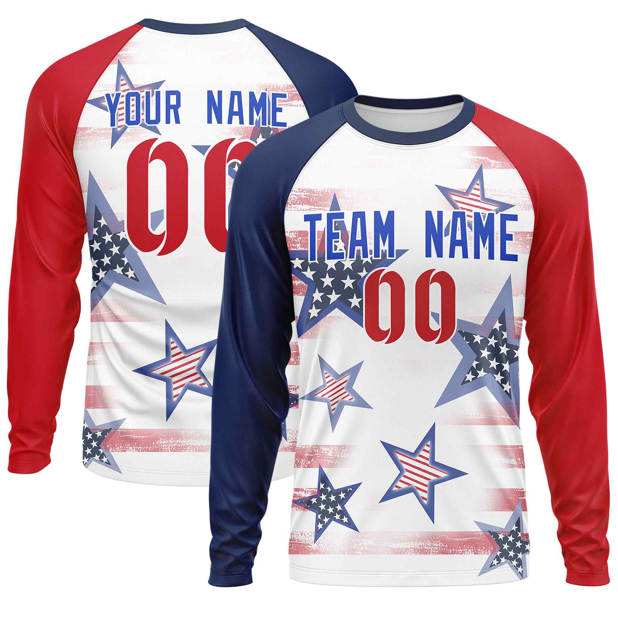 Custom White Navy-Red Personalized American Flag Design Long Sleeve Performance T-shirt