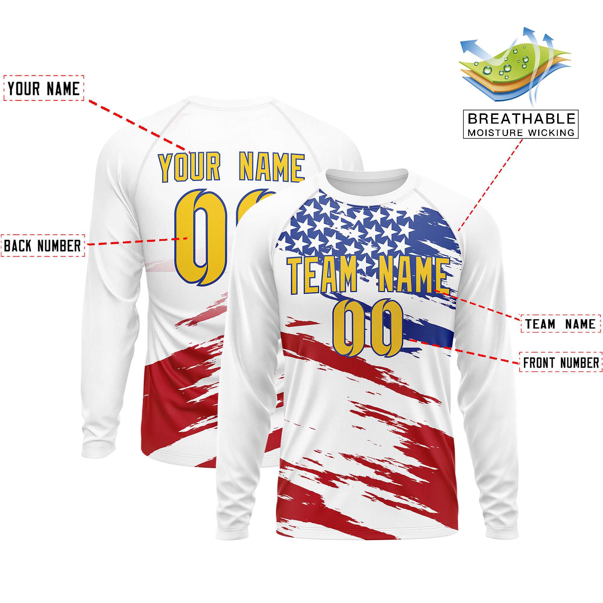 Custom White Red-Royal Personalized American Flag Design Long Sleeve Performance T-shirt