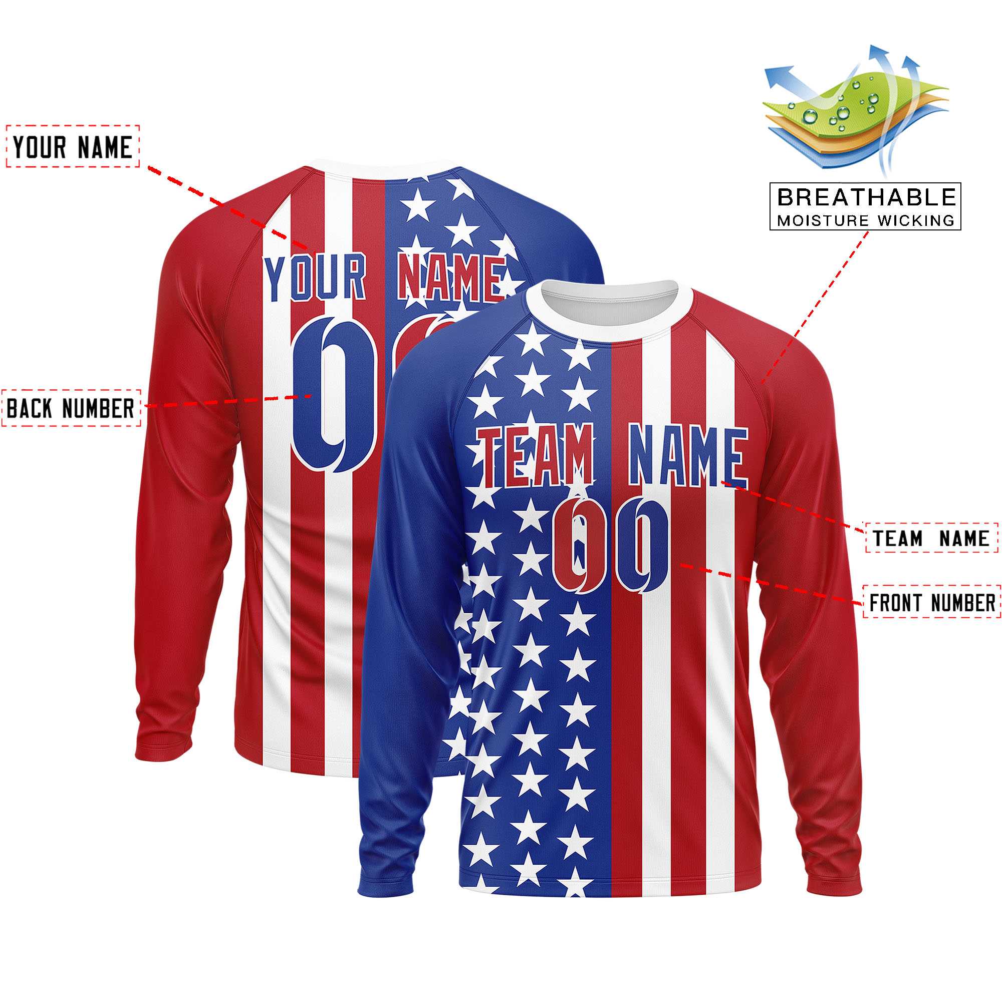 Custom Royal Red Personalized American Flag Design Long Sleeve Performance T-shirt