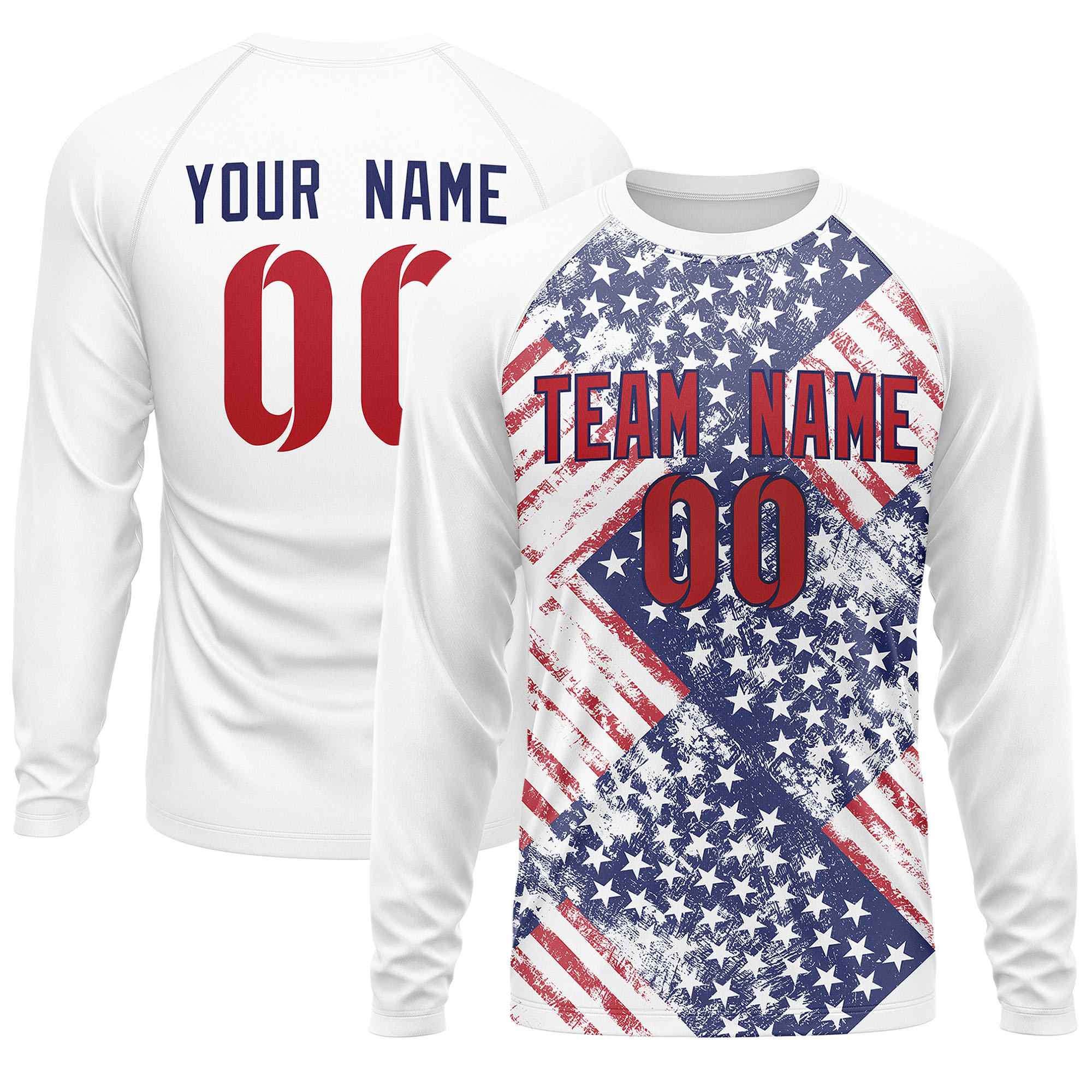 Custom White Royal-Red Personalized American Flag Design Long Sleeve Performance T-shirt