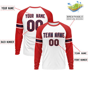 Custom White Red Navy Crew Neck Personalized Raglan Long Sleeve Performance T-shirt