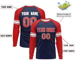 Custom Navy Red White Crew Neck Personalized Raglan Long Sleeve Performance T-shirt