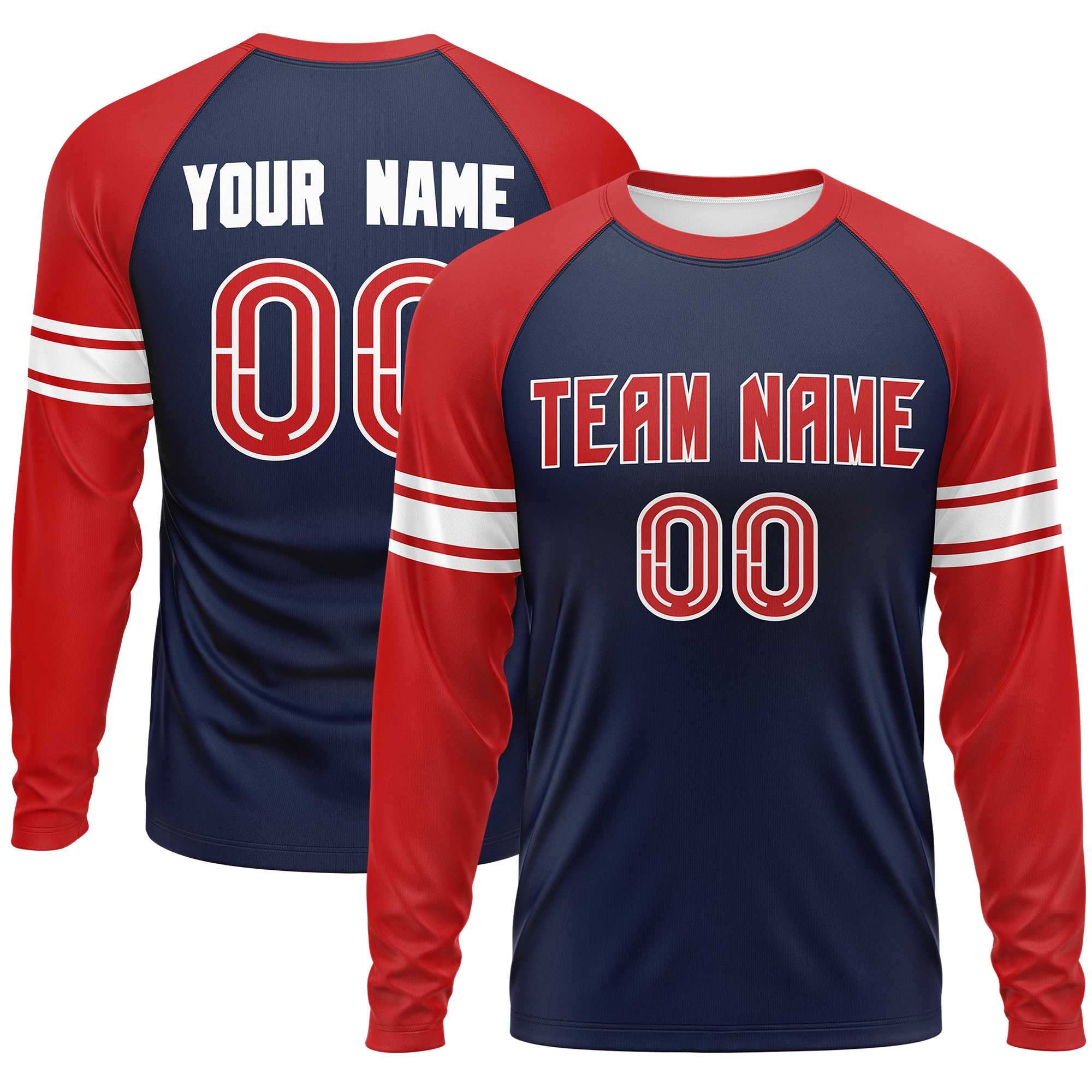 Custom Navy Red White Crew Neck Personalized Raglan Long Sleeve Performance T-shirt