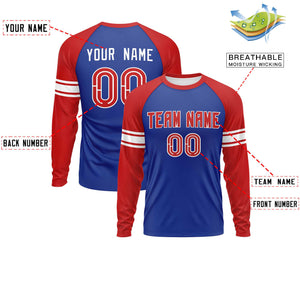 Custom Royal Red White Crew Neck Personalized Raglan Long Sleeve Performance T-shirt