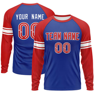 Custom Royal Red White Crew Neck Personalized Raglan Long Sleeve Performance T-shirt