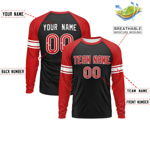 Custom Black Red White Crew Neck Personalized Raglan Long Sleeve Performance T-shirt