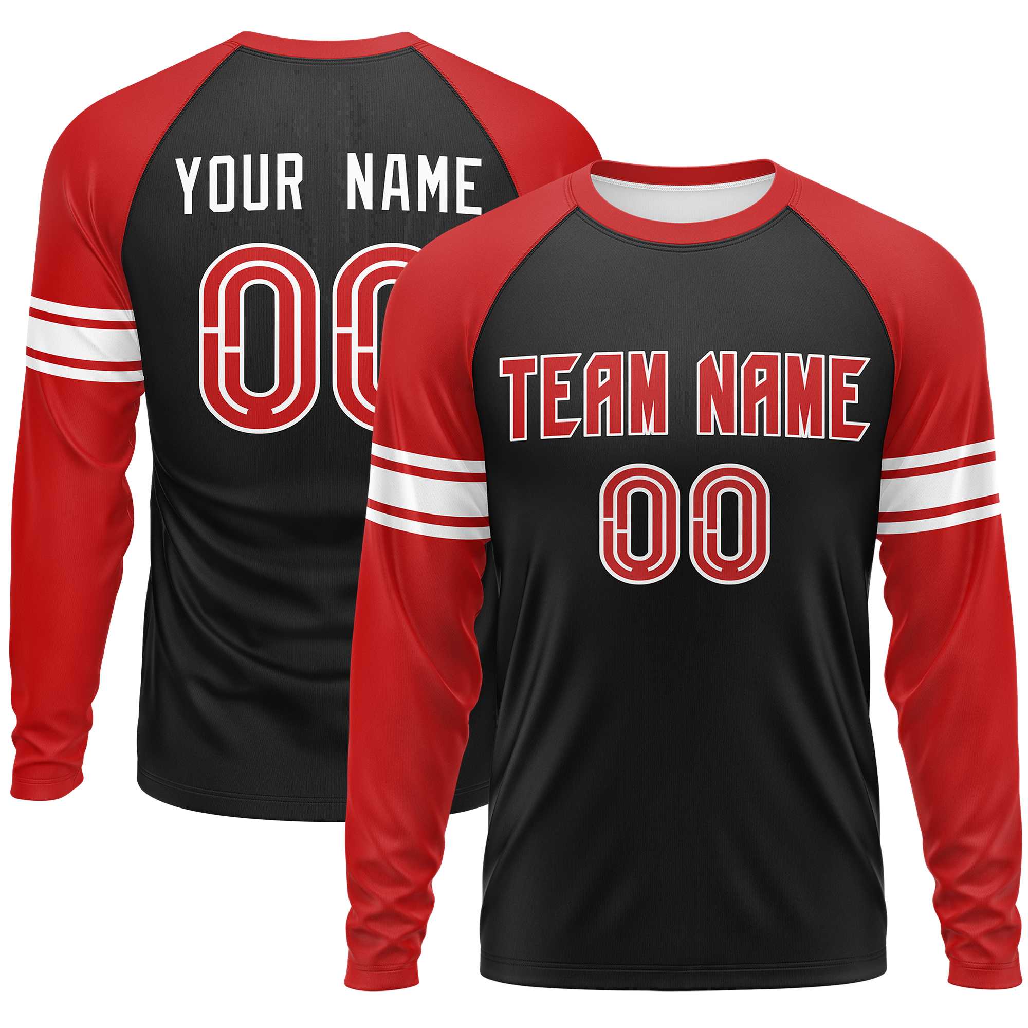 Custom Black Red White Crew Neck Personalized Raglan Long Sleeve Performance T-shirt