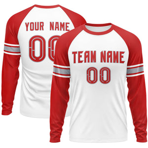 Custom White Red Gray Crew Neck Personalized Raglan Long Sleeve Performance T-shirt