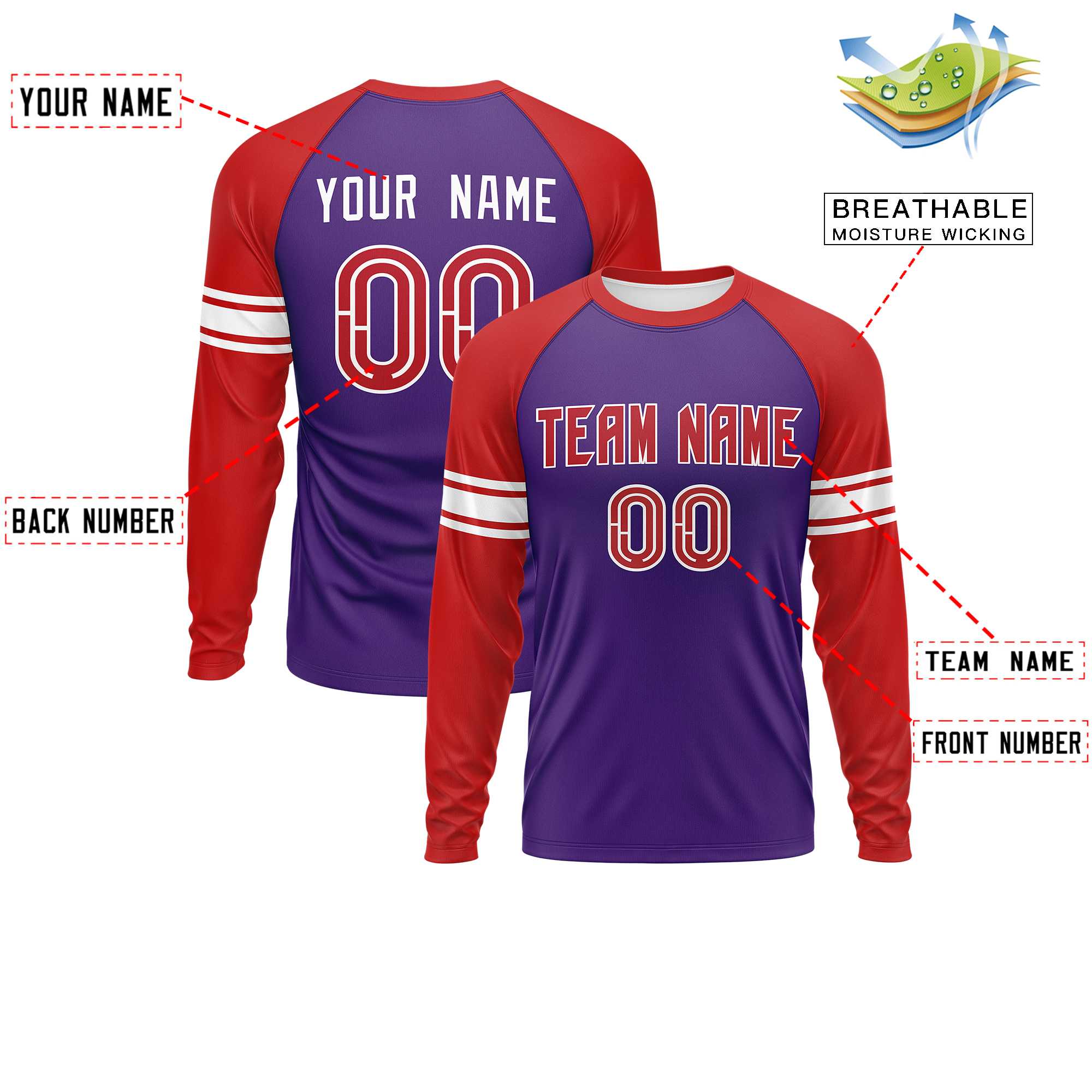 Custom Purple Red White Crew Neck Personalized Raglan Long Sleeve Performance T-shirt