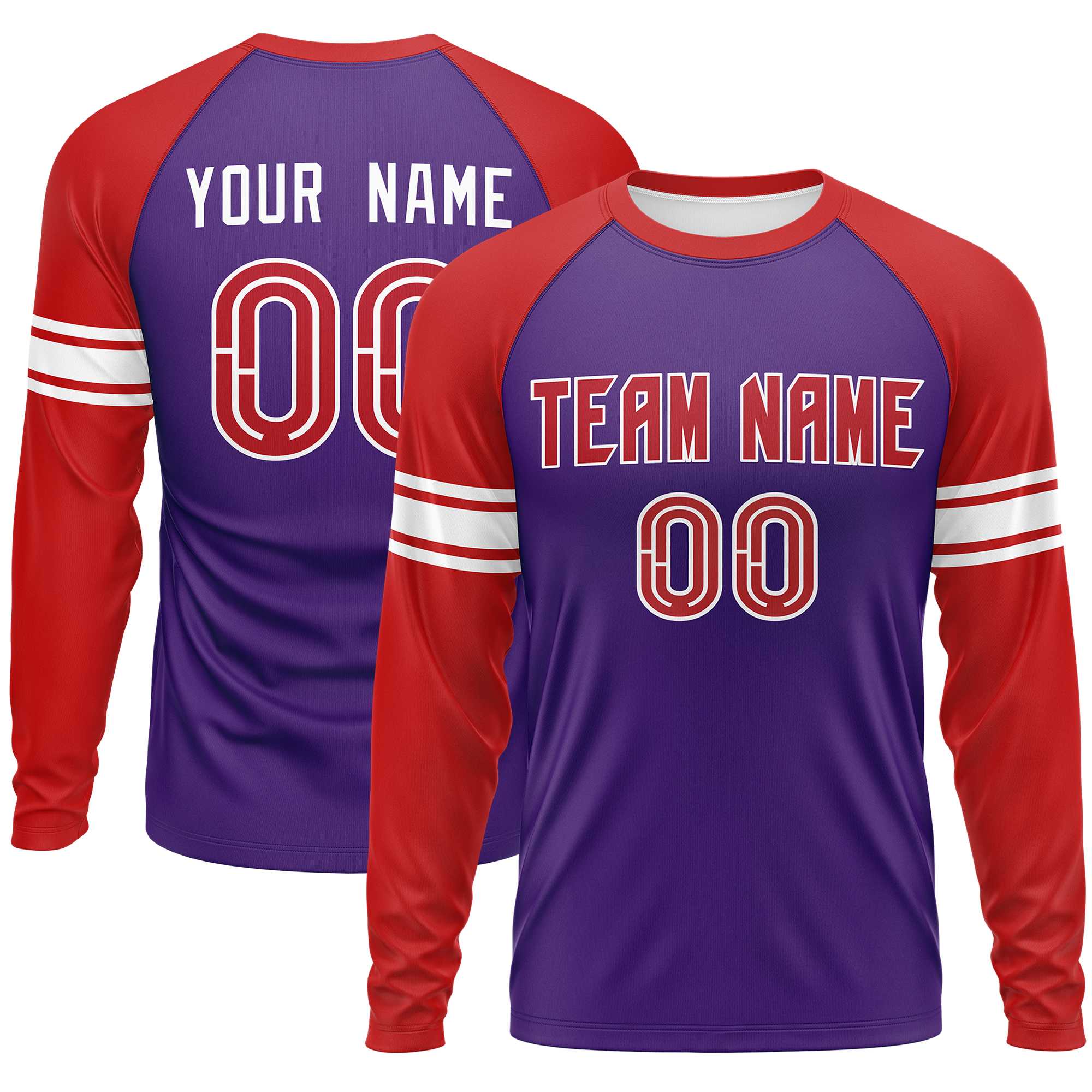 Custom Purple Red White Crew Neck Personalized Raglan Long Sleeve Performance T-shirt