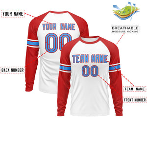 Custom White Red Powder Blue Crew Neck Personalized Raglan Long Sleeve Performance T-shirt