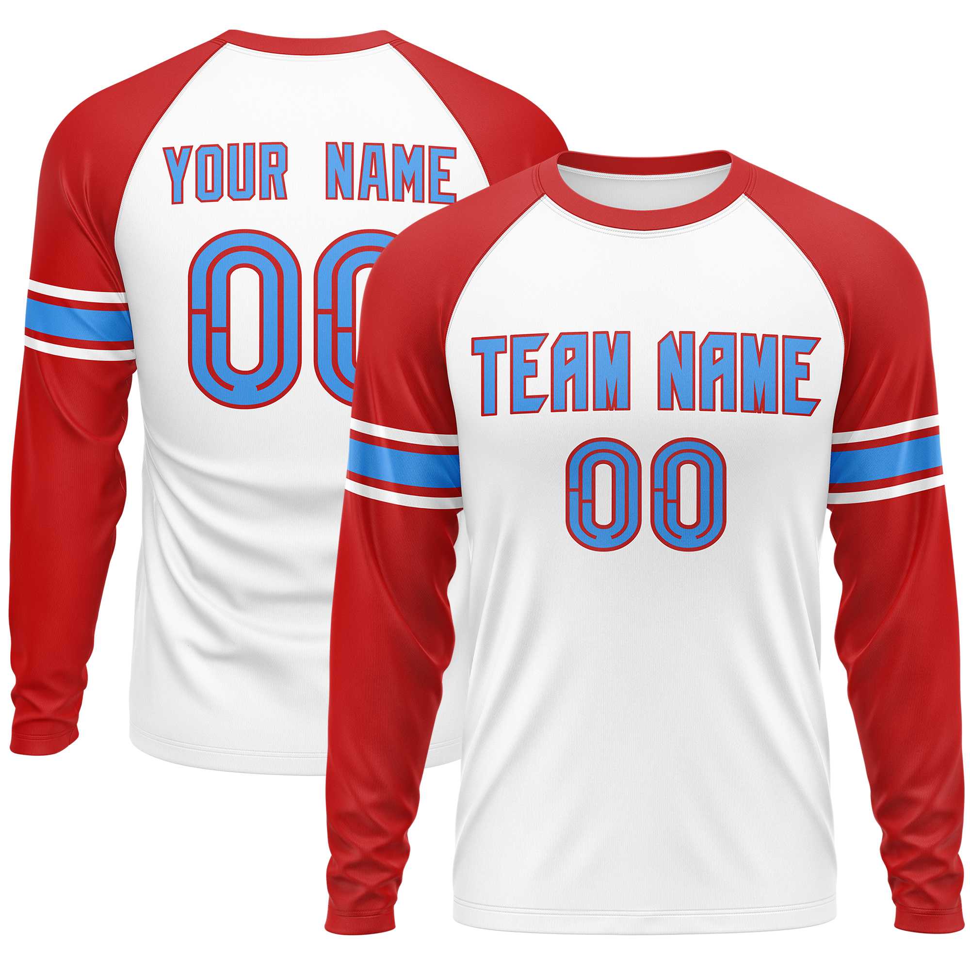 Custom White Red Powder Blue Crew Neck Personalized Raglan Long Sleeve Performance T-shirt