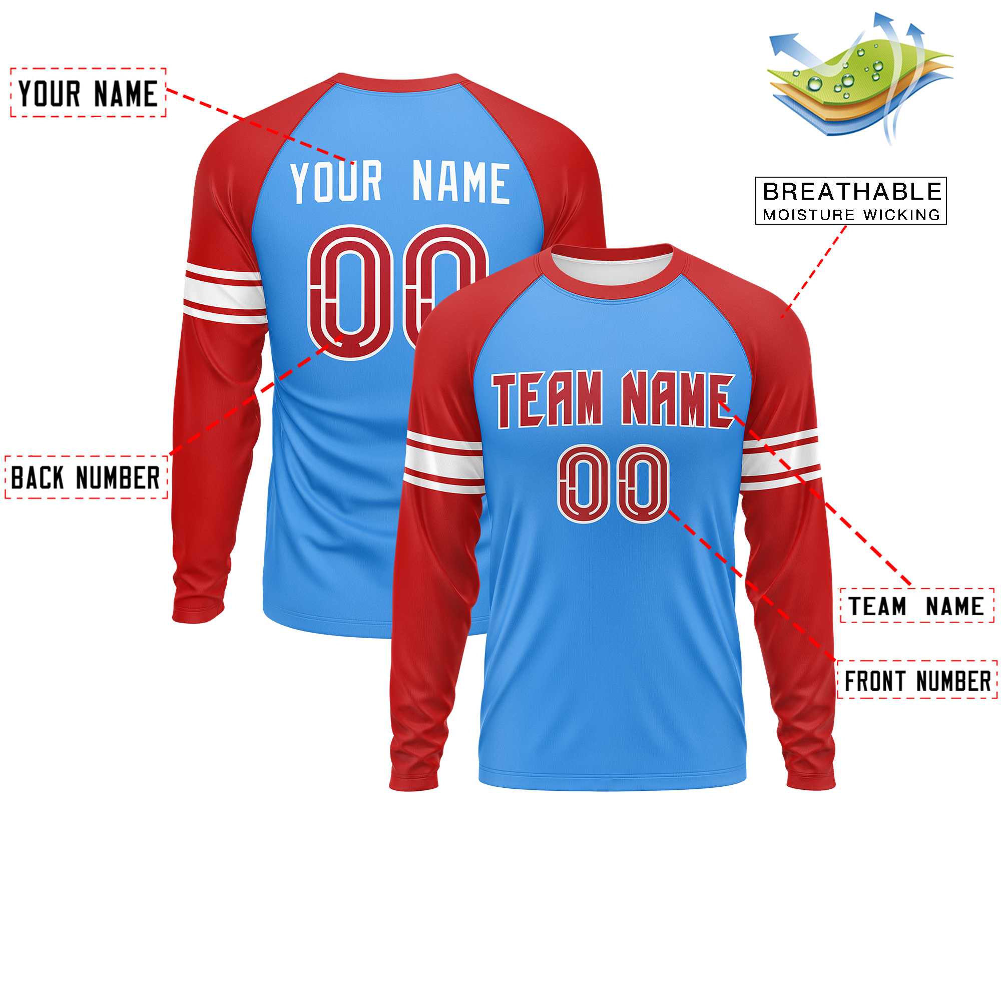 Custom Powder Blue Red White Crew Neck Personalized Raglan Long Sleeve Performance T-shirt