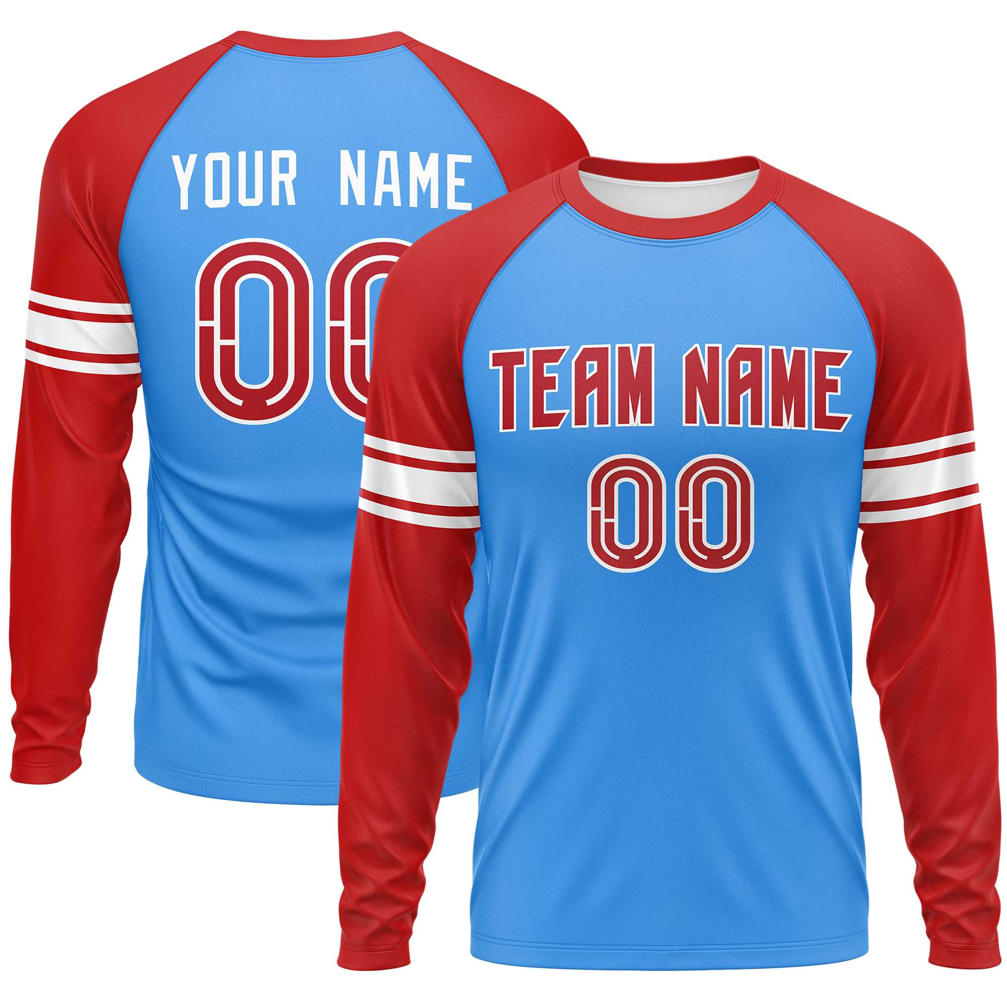 Custom Powder Blue Red White Crew Neck Personalized Raglan Long Sleeve Performance T-shirt