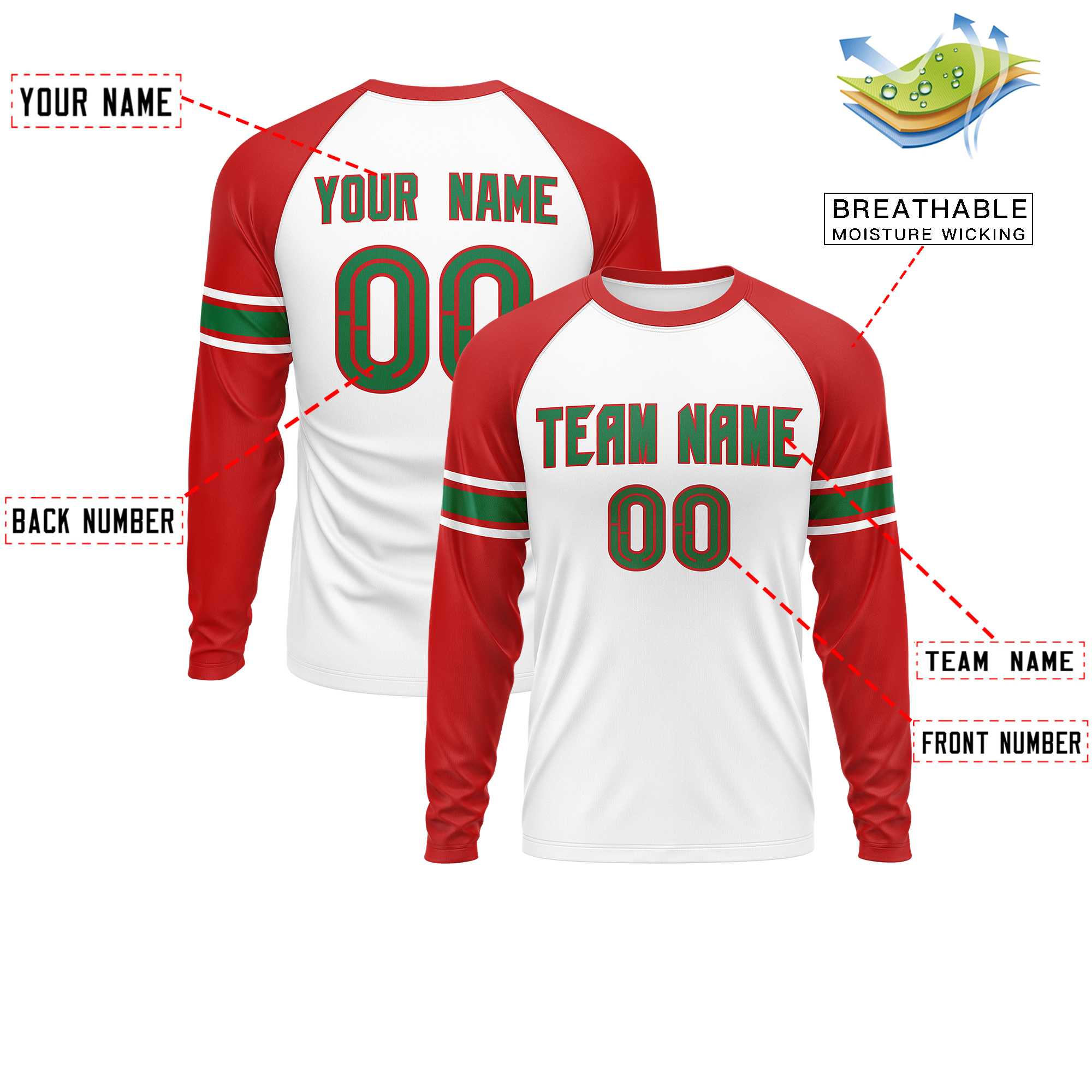 Custom White Red Kelly Green Crew Neck Personalized Raglan Long Sleeve Performance T-shirt