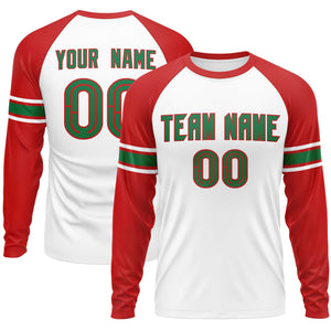 Custom White Red Kelly Green Crew Neck Personalized Raglan Long Sleeve Performance T-shirt