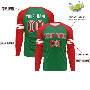 Custom Kelly Green Red White Crew Neck Personalized Raglan Long Sleeve Performance T-shirt