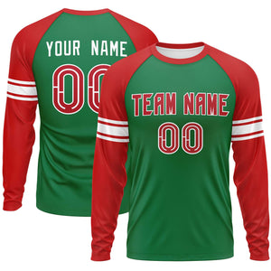 Custom Kelly Green Red White Crew Neck Personalized Raglan Long Sleeve Performance T-shirt