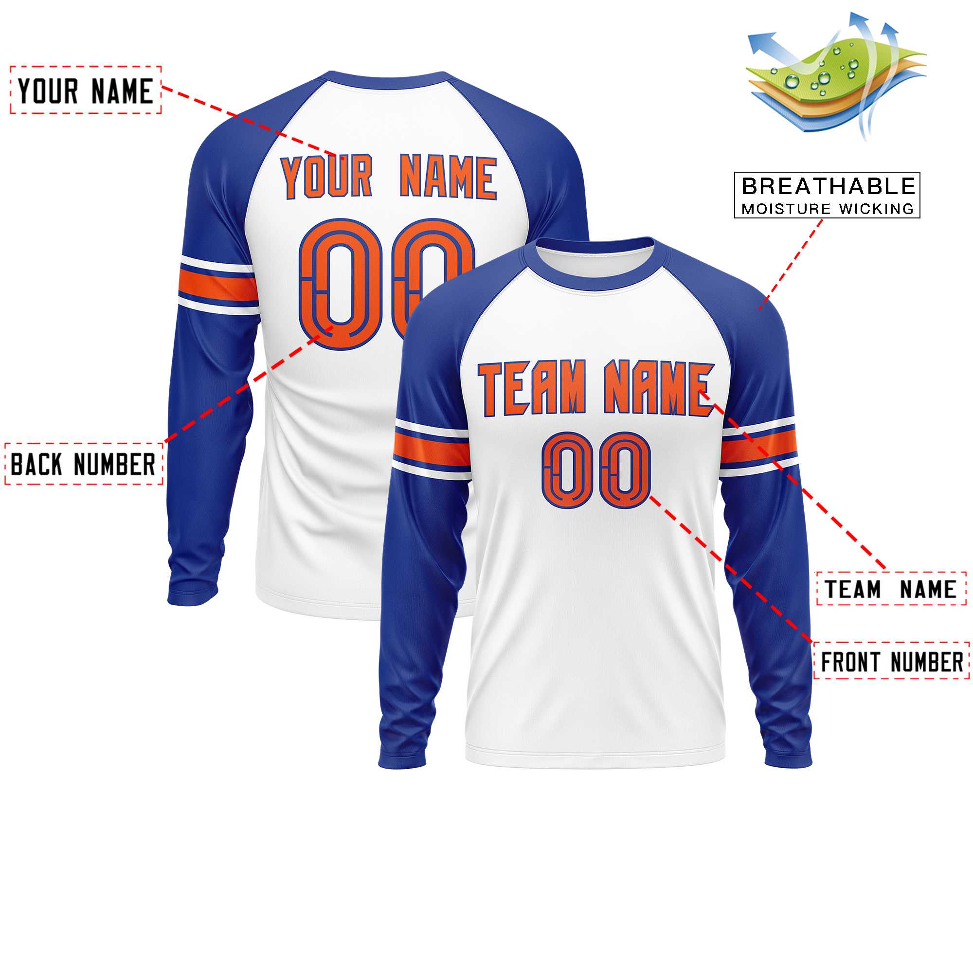 Custom White Royal Orange Crew Neck Personalized Raglan Long Sleeve Performance T-shirt