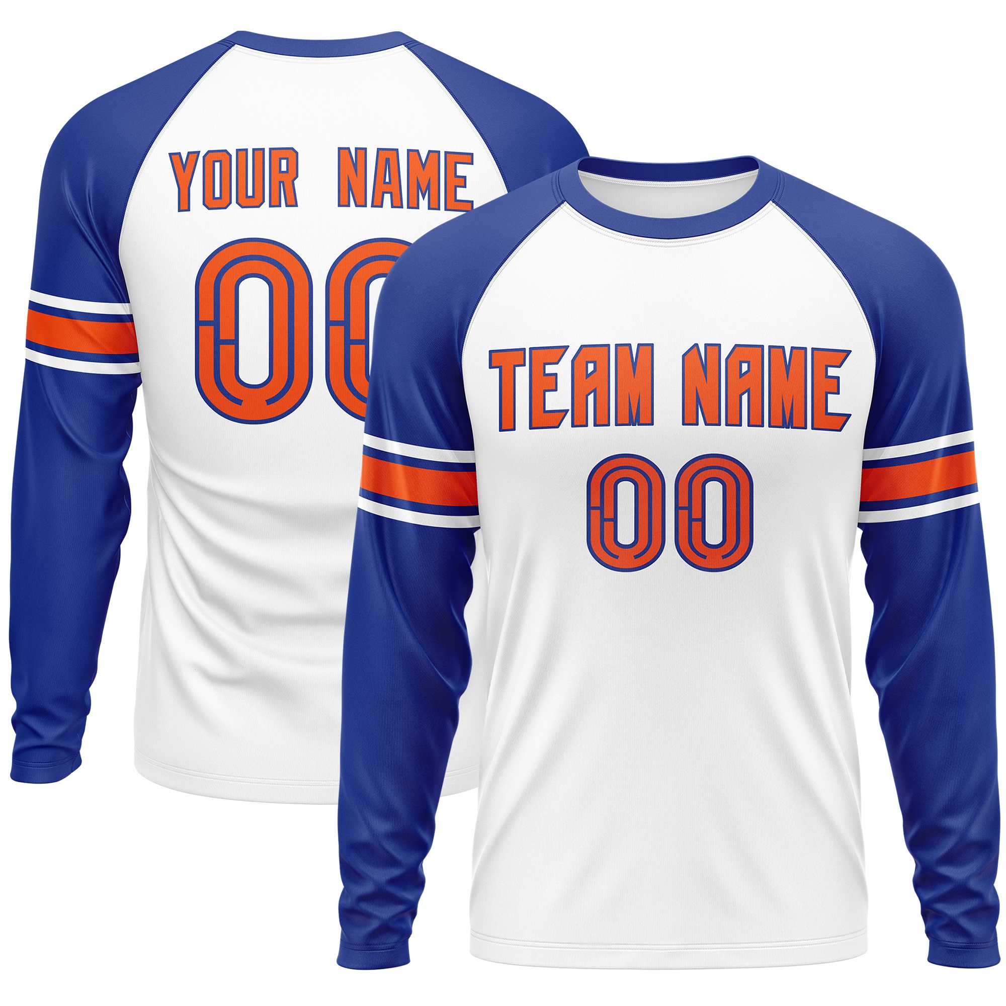 Custom White Royal Orange Crew Neck Personalized Raglan Long Sleeve Performance T-shirt