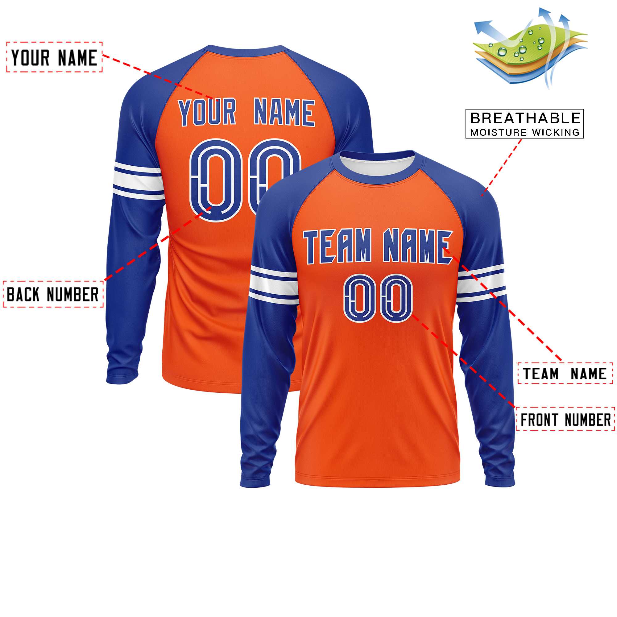 Custom Orange Royal White Crew Neck Personalized Raglan Long Sleeve Performance T-shirt