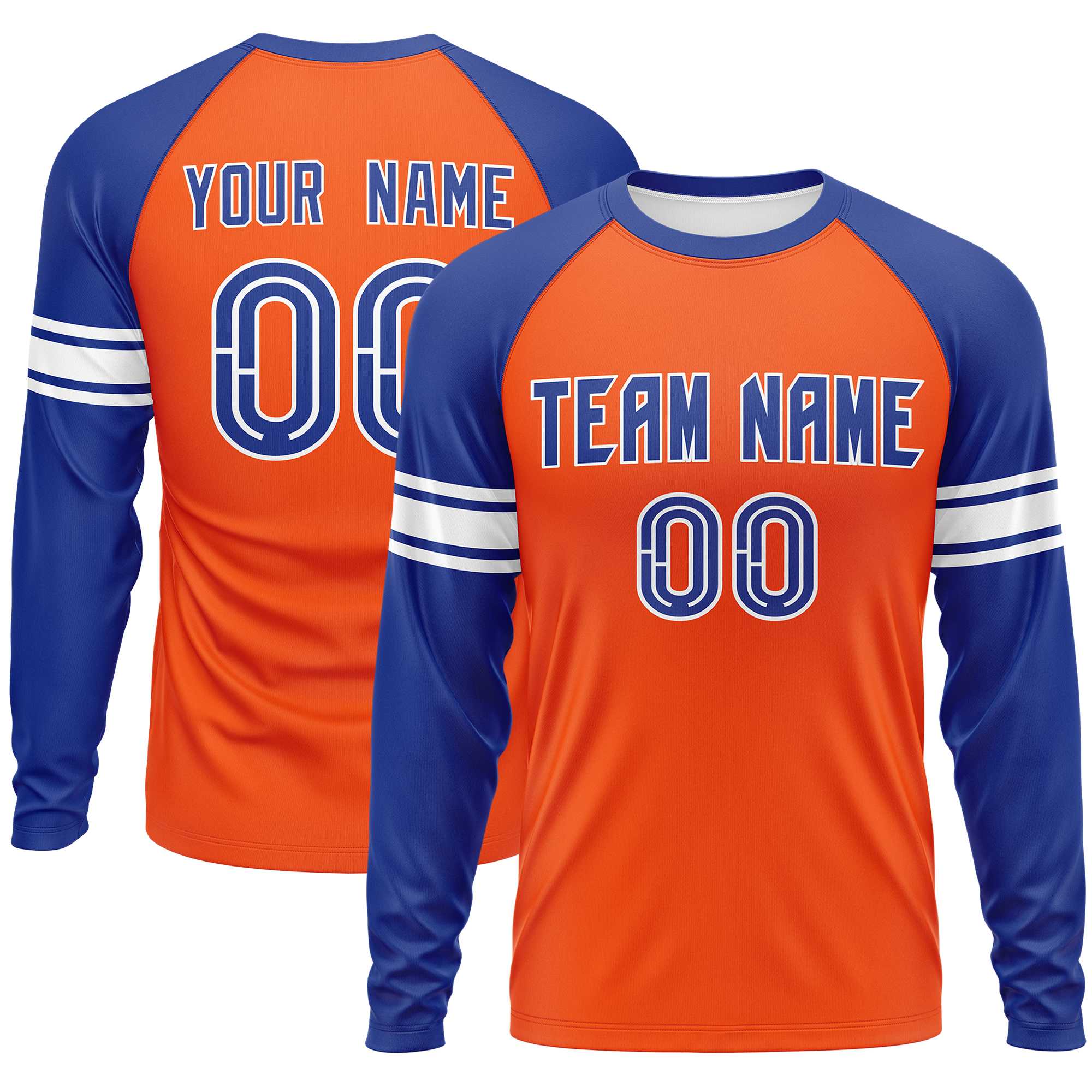 Custom Orange Royal White Crew Neck Personalized Raglan Long Sleeve Performance T-shirt