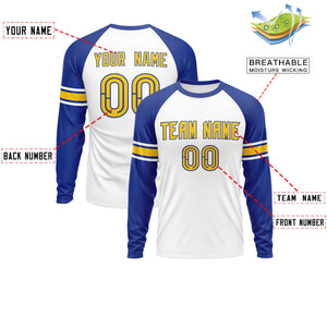 Custom White Royal Gold Crew Neck Personalized Raglan Long Sleeve Performance T-shirt