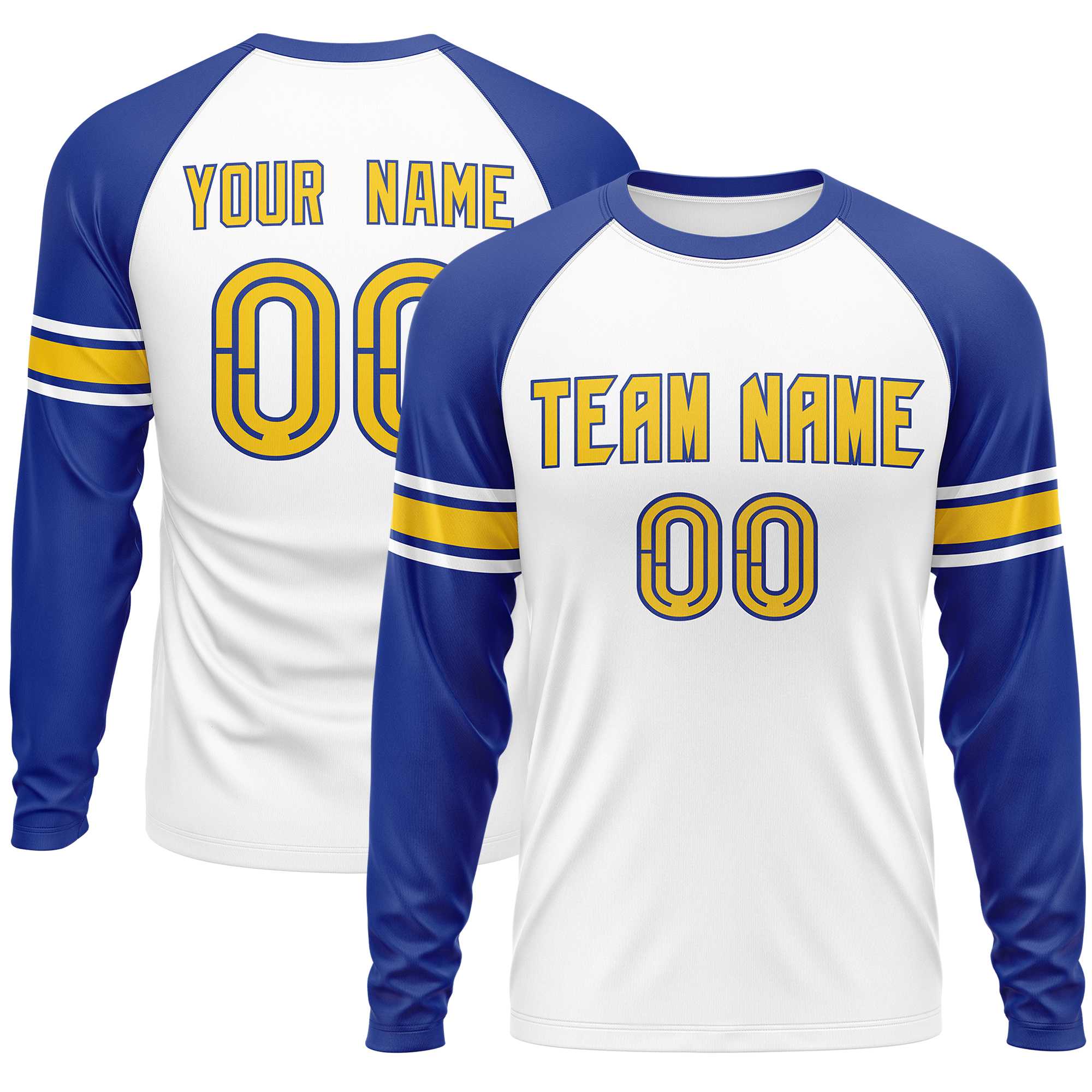 Custom White Royal Gold Crew Neck Personalized Raglan Long Sleeve Performance T-shirt