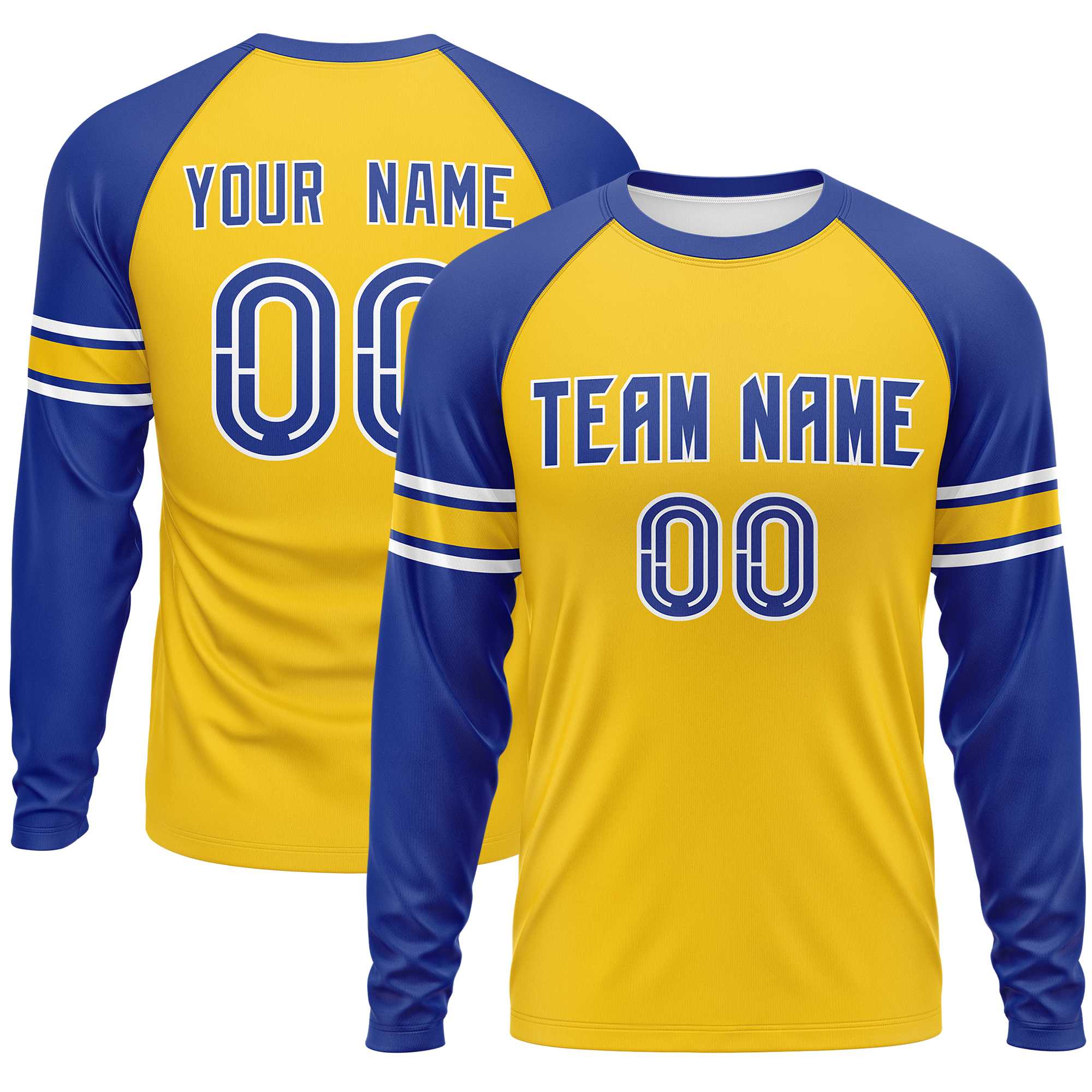 Custom Gold Royal Gold Crew Neck Personalized Raglan Long Sleeve Performance T-shirt