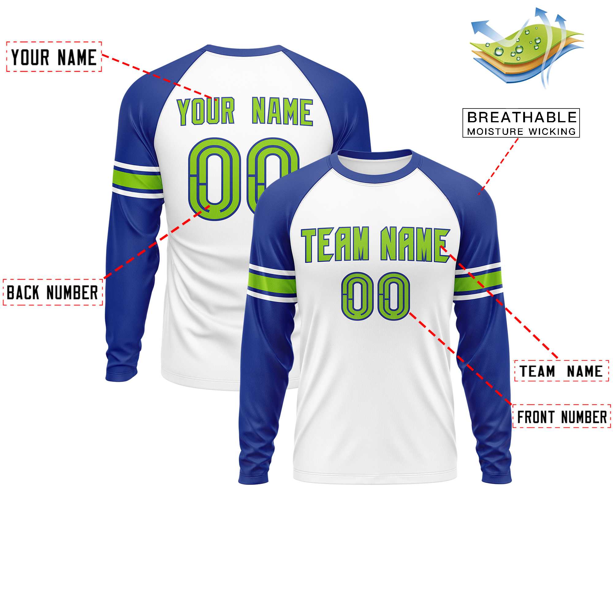 Custom White Royal Neon Green Crew Neck Personalized Raglan Long Sleeve Performance T-shirt