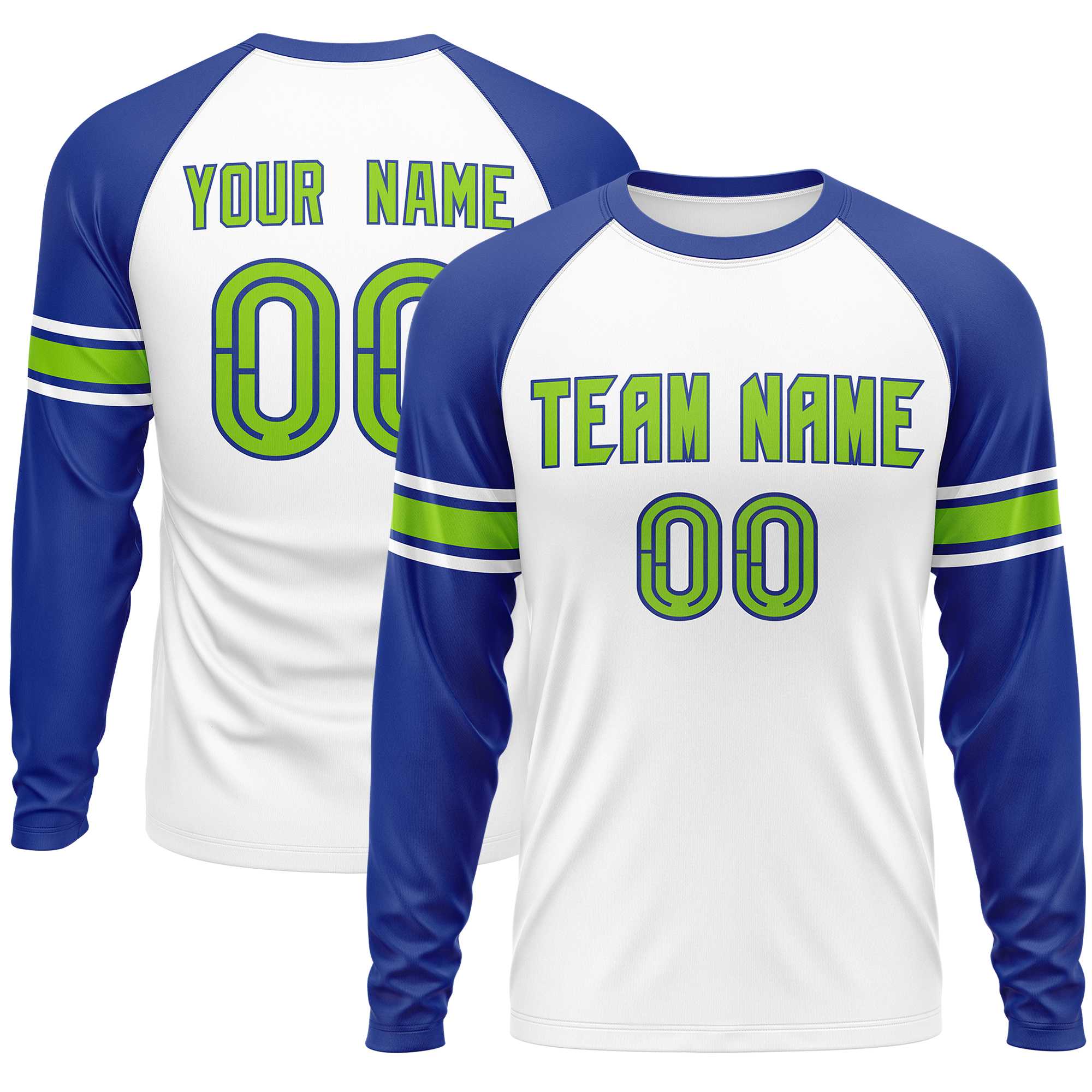 Custom White Royal Neon Green Crew Neck Personalized Raglan Long Sleeve Performance T-shirt