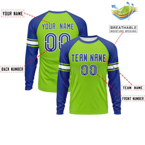 Custom Neon Green Royal White Crew Neck Personalized Raglan Long Sleeve Performance T-shirt